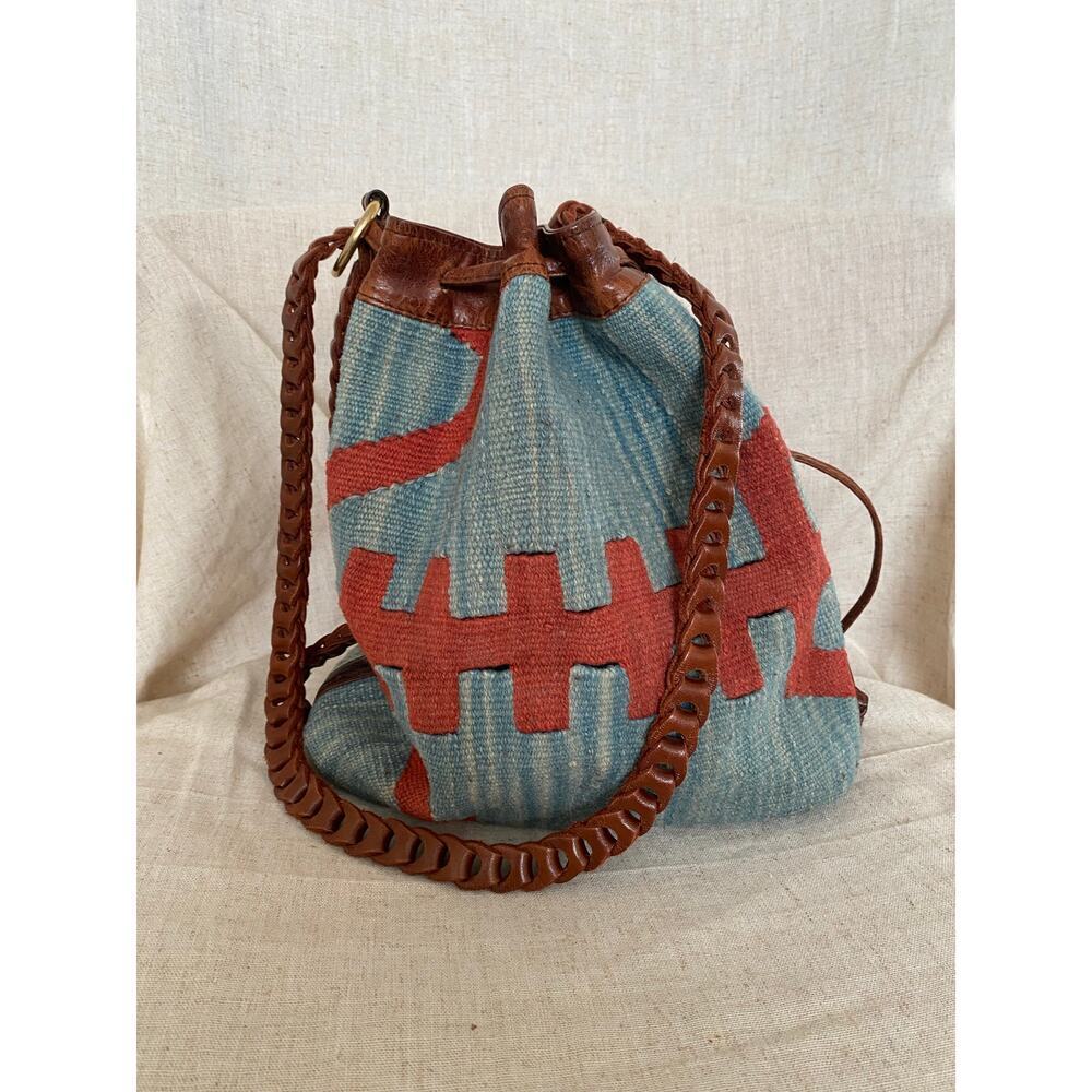 Woven Blue and Rust Leather-Trim Bucket Satchel